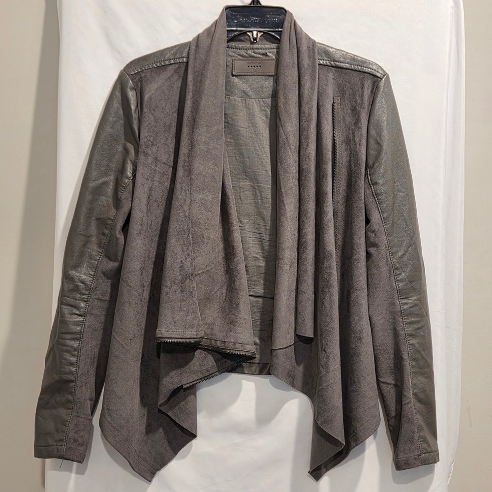 BlankNYC Grey Faux Suede Leather Draped Front Moto Jacket Women's Small